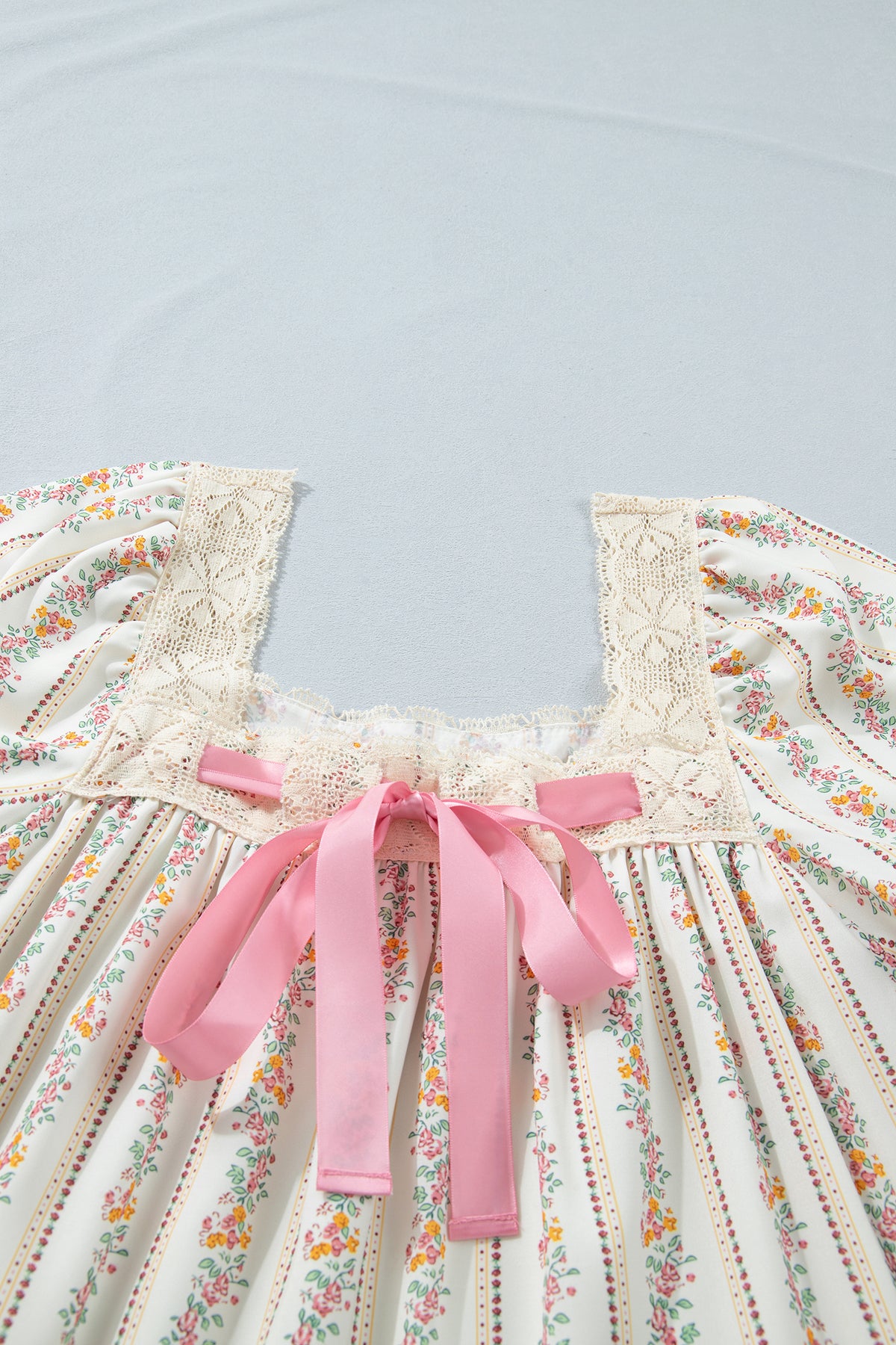 Carrie Floral Print, Lace Trim Square Neck w/Pink Bow Mini Dress