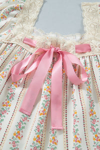 Carrie Floral Print, Lace Trim Square Neck w/Pink Bow Mini Dress