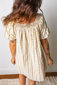 Carrie Floral Print, Lace Trim Square Neck w/Pink Bow Mini Dress