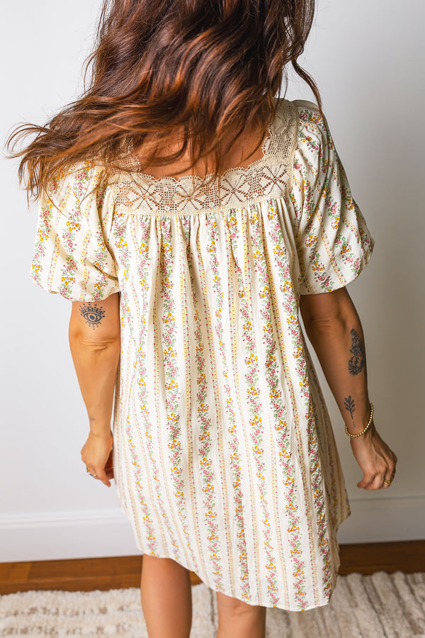 Carrie Floral Print, Lace Trim Square Neck w/Pink Bow Mini Dress