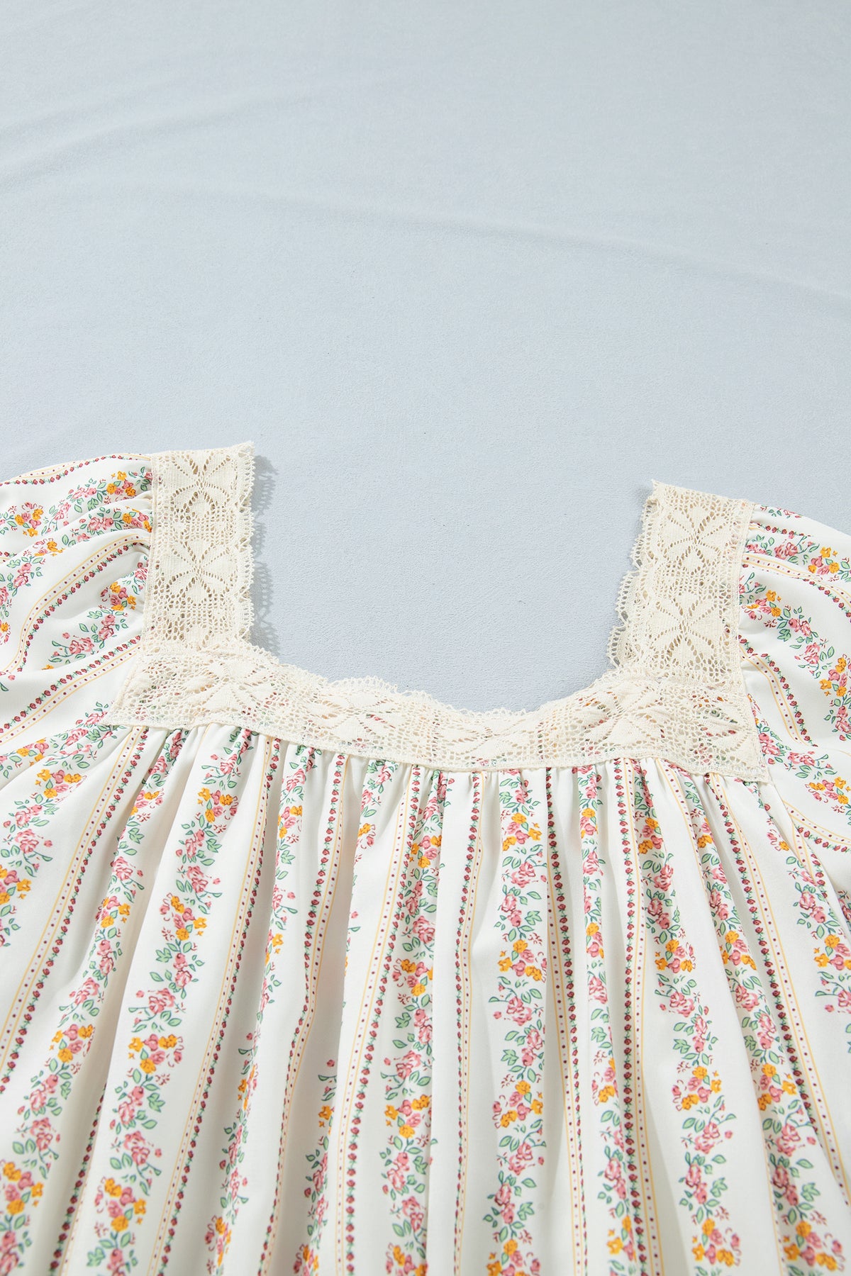 Carrie Floral Print, Lace Trim Square Neck w/Pink Bow Mini Dress