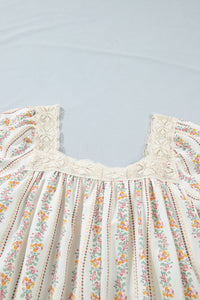 Carrie Floral Print, Lace Trim Square Neck w/Pink Bow Mini Dress