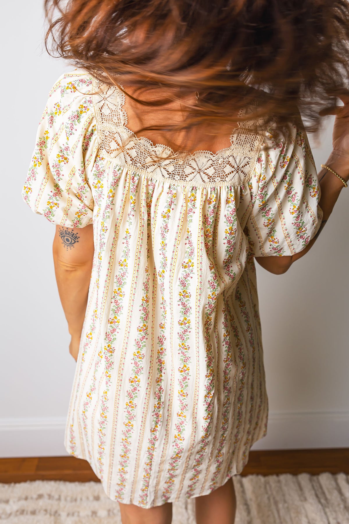 Carrie Floral Print, Lace Trim Square Neck w/Pink Bow Mini Dress