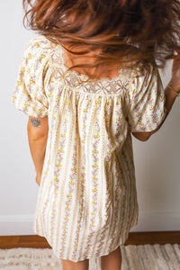 Carrie Floral Print, Lace Trim Square Neck w/Pink Bow Mini Dress