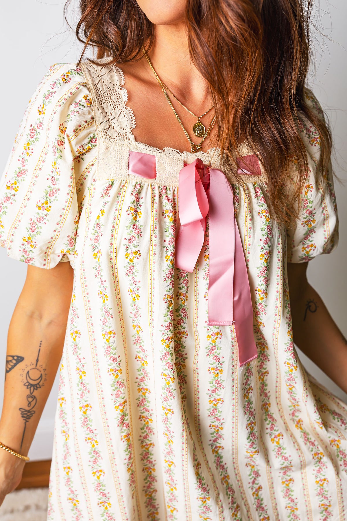 Carrie Floral Print, Lace Trim Square Neck w/Pink Bow Mini Dress