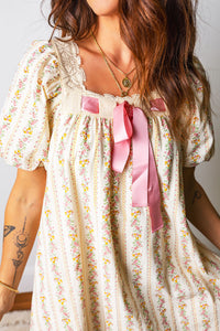 Carrie Floral Print, Lace Trim Square Neck w/Pink Bow Mini Dress