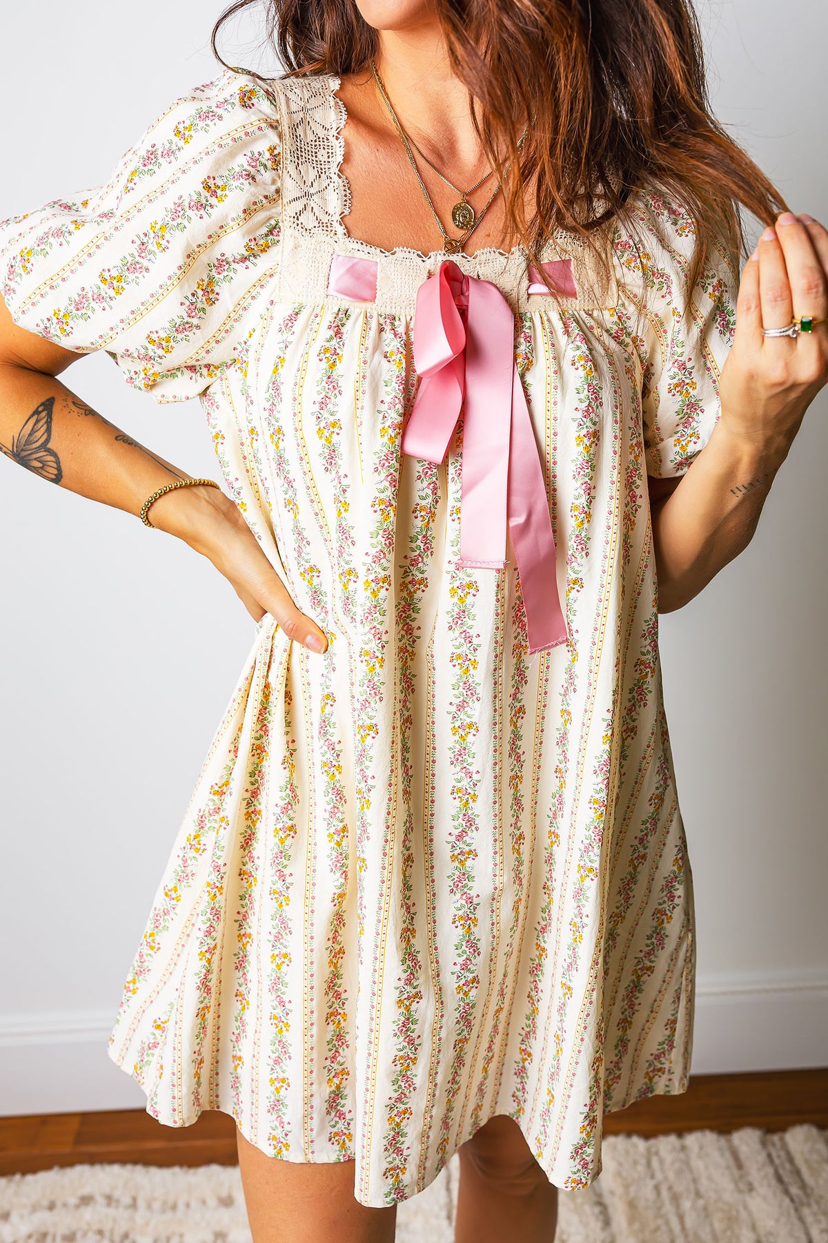 Carrie Floral Print, Lace Trim Square Neck w/Pink Bow Mini Dress