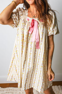 Carrie Floral Print, Lace Trim Square Neck w/Pink Bow Mini Dress