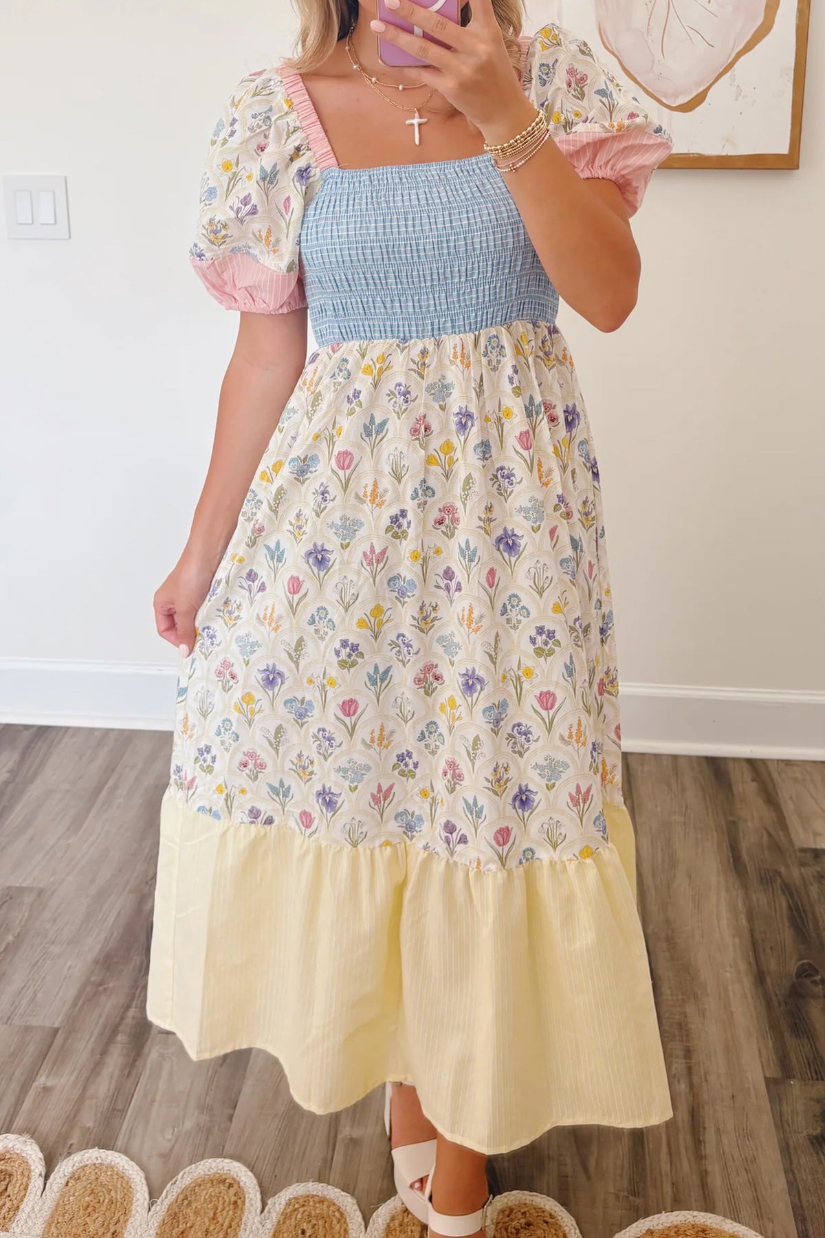 Danica Floral Print Color Block Patchwork Square Neck Maxi Dress