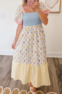 Danica Floral Print Color Block Patchwork Square Neck Maxi Dress