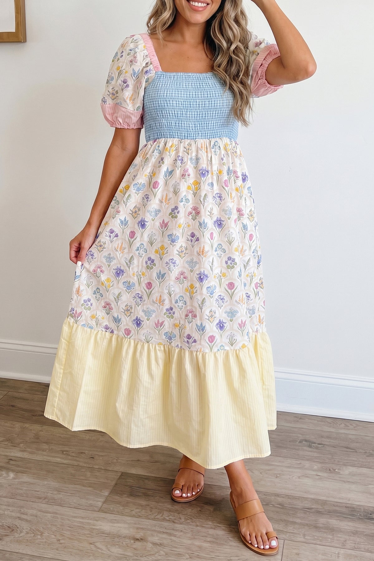 Danica Floral Print Color Block Patchwork Square Neck Maxi Dress