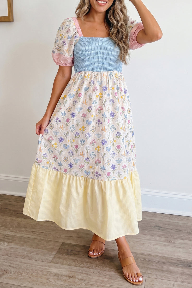 Danica Floral Print Color Block Patchwork Square Neck Maxi Dress
