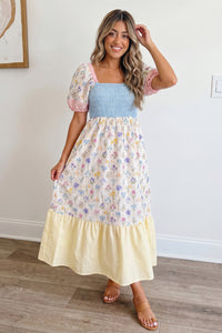 Danica Floral Print Color Block Patchwork Square Neck Maxi Dress