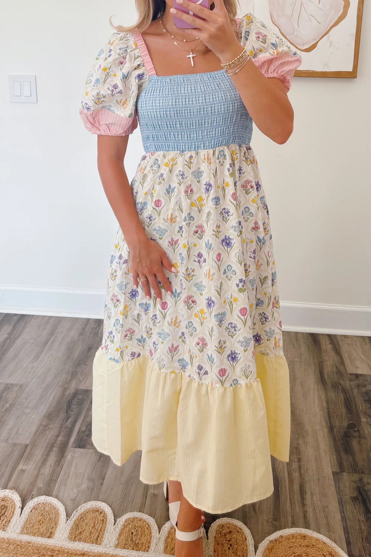 Danica Floral Print Color Block Patchwork Square Neck Maxi Dress