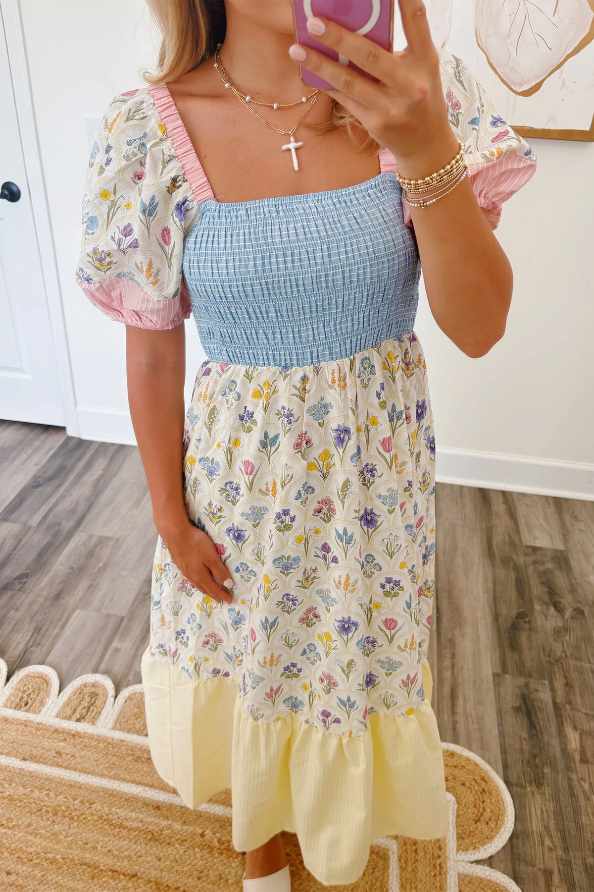 Danica Floral Print Color Block Patchwork Square Neck Maxi Dress