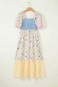 Danica Floral Print Color Block Patchwork Square Neck Maxi Dress