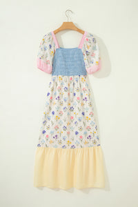 Danica Floral Print Color Block Patchwork Square Neck Maxi Dress