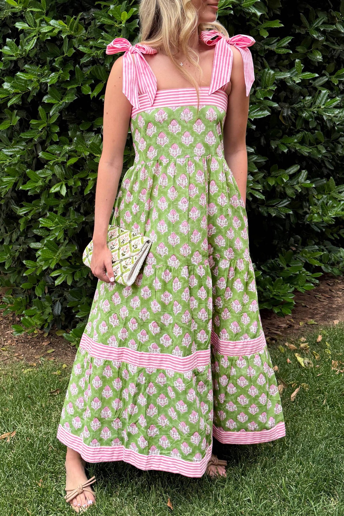 Pink & Green Floral and Striped Maxi Dress w/Pockets and Tied Shoulder Straps