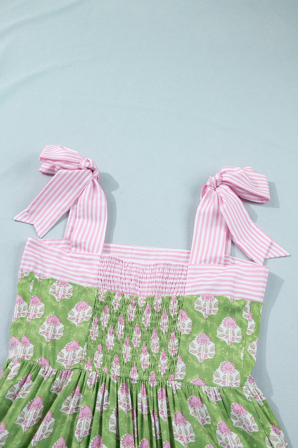 Pink & Green Floral and Striped Maxi Dress w/Pockets and Tied Shoulder Straps