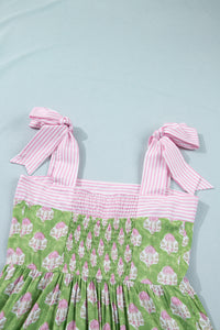 Pink & Green Floral and Striped Maxi Dress w/Pockets and Tied Shoulder Straps