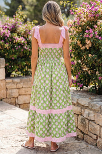 Pink & Green Floral and Striped Maxi Dress w/Pockets and Tied Shoulder Straps