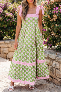 Pink & Green Floral and Striped Maxi Dress w/Pockets and Tied Shoulder Straps