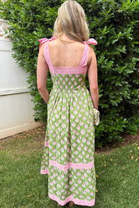 Pink & Green Floral and Striped Maxi Dress w/Pockets and Tied Shoulder Straps