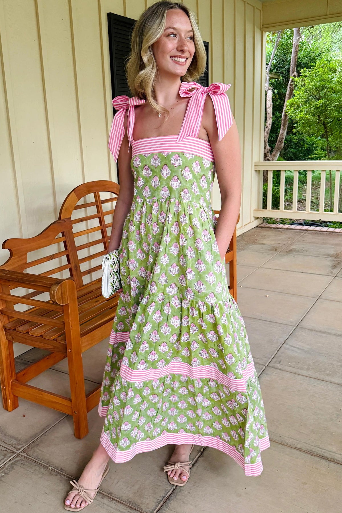 Pink & Green Floral and Striped Maxi Dress w/Pockets and Tied Shoulder Straps