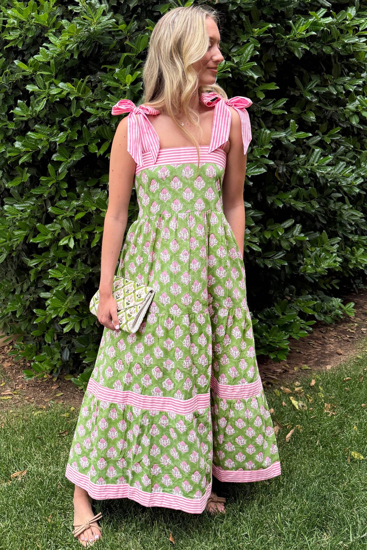 Pink & Green Floral and Striped Maxi Dress w/Pockets and Tied Shoulder Straps