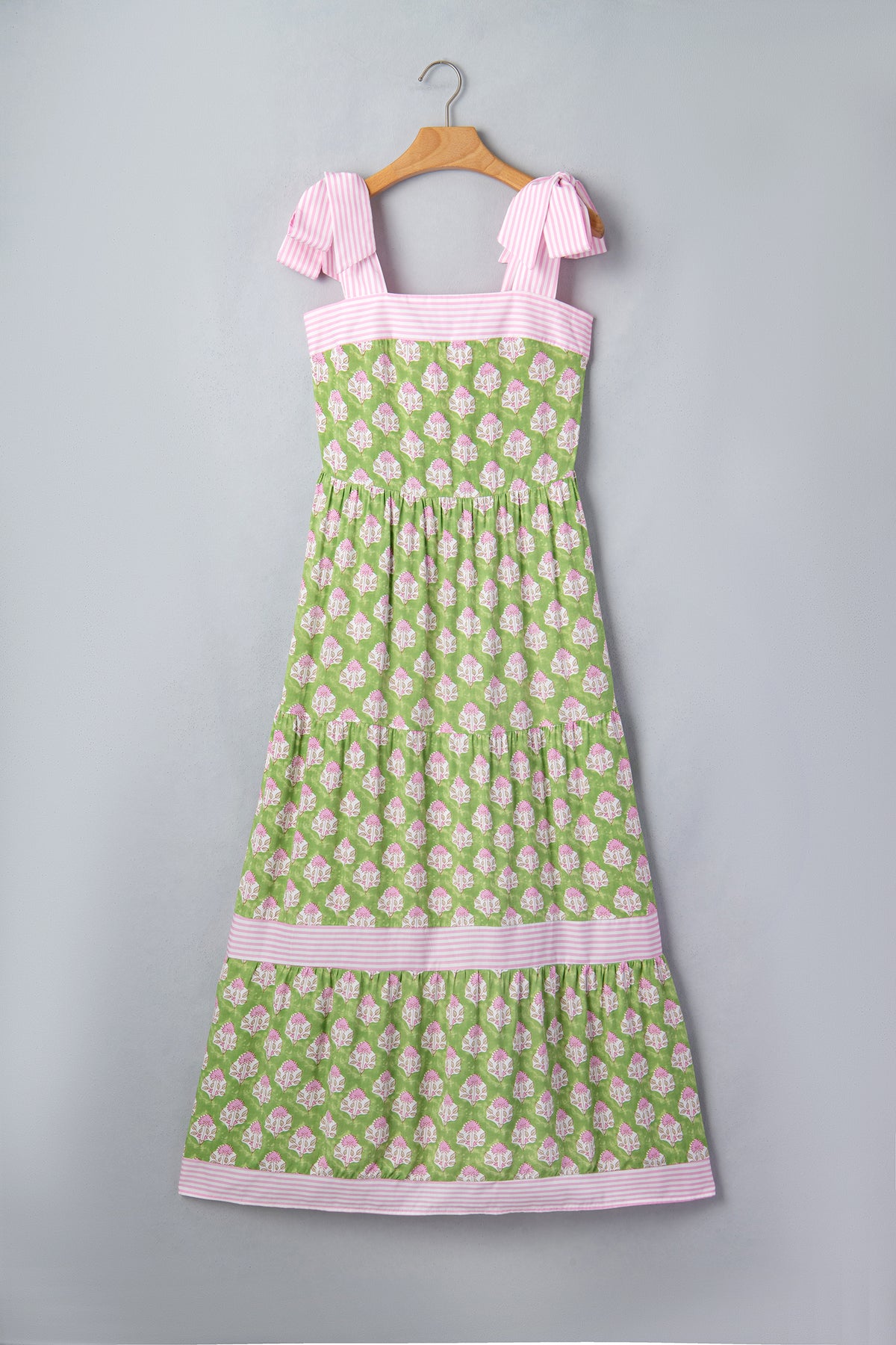 Pink & Green Floral and Striped Maxi Dress w/Pockets and Tied Shoulder Straps