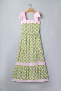 Pink & Green Floral and Striped Maxi Dress w/Pockets and Tied Shoulder Straps