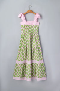 Pink & Green Floral and Striped Maxi Dress w/Pockets and Tied Shoulder Straps