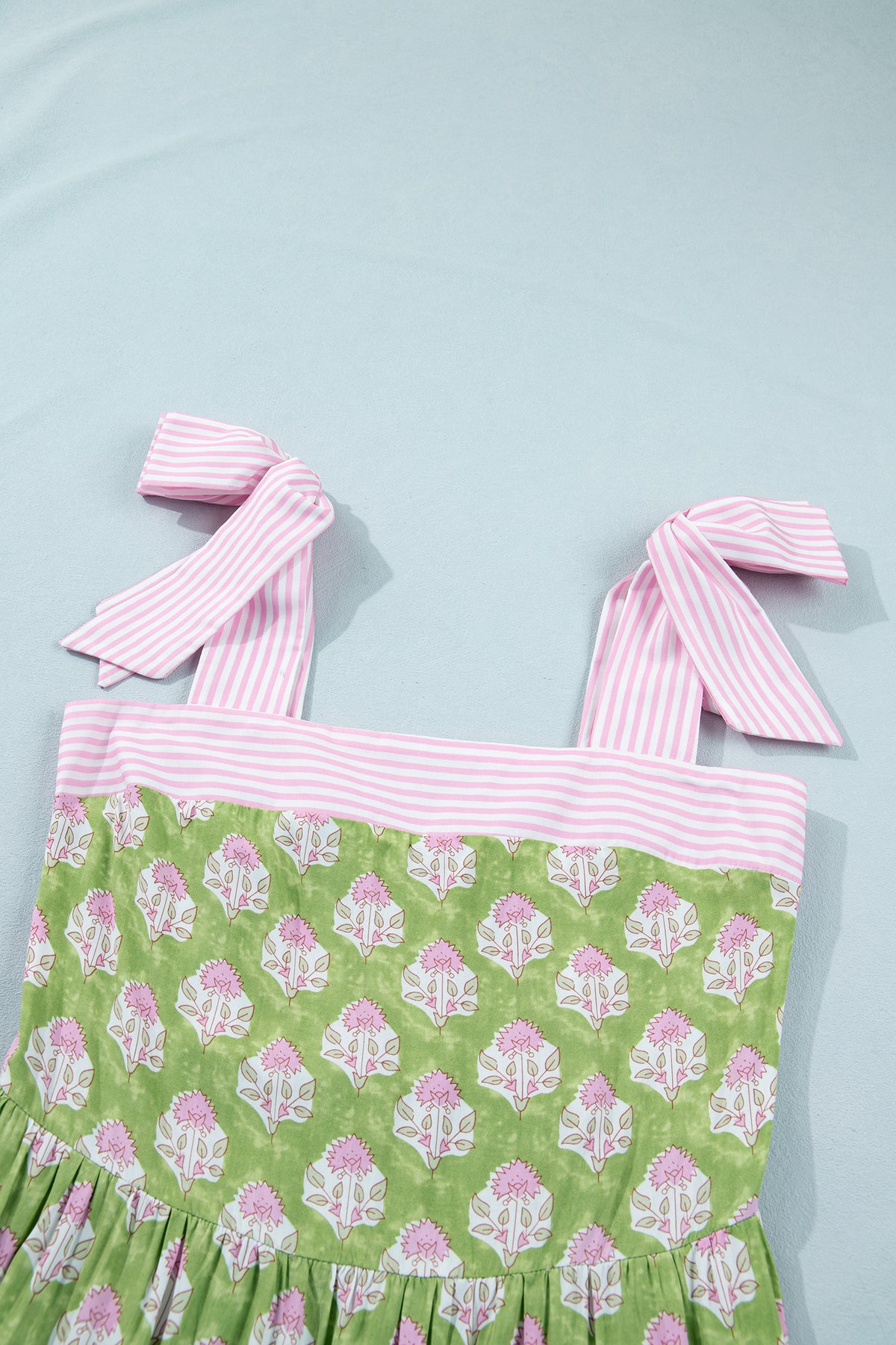 Pink & Green Floral and Striped Maxi Dress w/Pockets and Tied Shoulder Straps