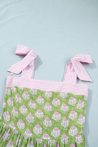 Pink & Green Floral and Striped Maxi Dress w/Pockets and Tied Shoulder Straps