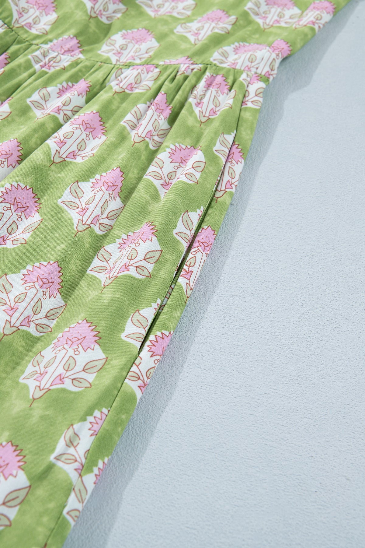 Pink & Green Floral and Striped Maxi Dress w/Pockets and Tied Shoulder Straps