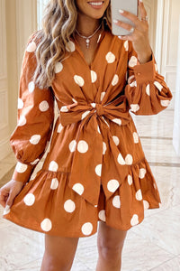 Rust Polka Dot (Viscose & Cotton) Long Sleeve Mini Dress w/Pockets