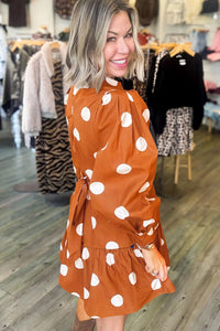 Rust Polka Dot (Viscose & Cotton) Long Sleeve Mini Dress w/Pockets