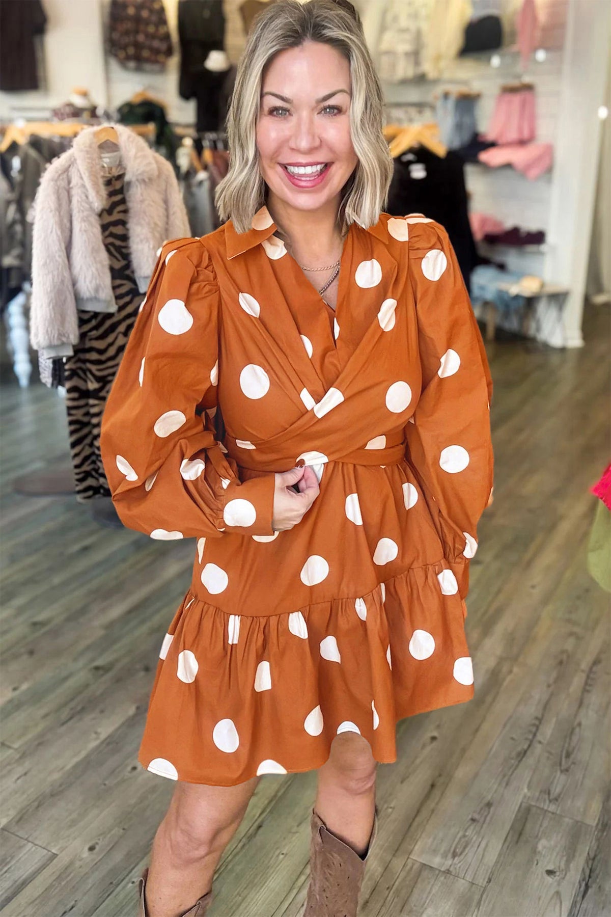 Rust Polka Dot (Viscose & Cotton) Long Sleeve Mini Dress w/Pockets