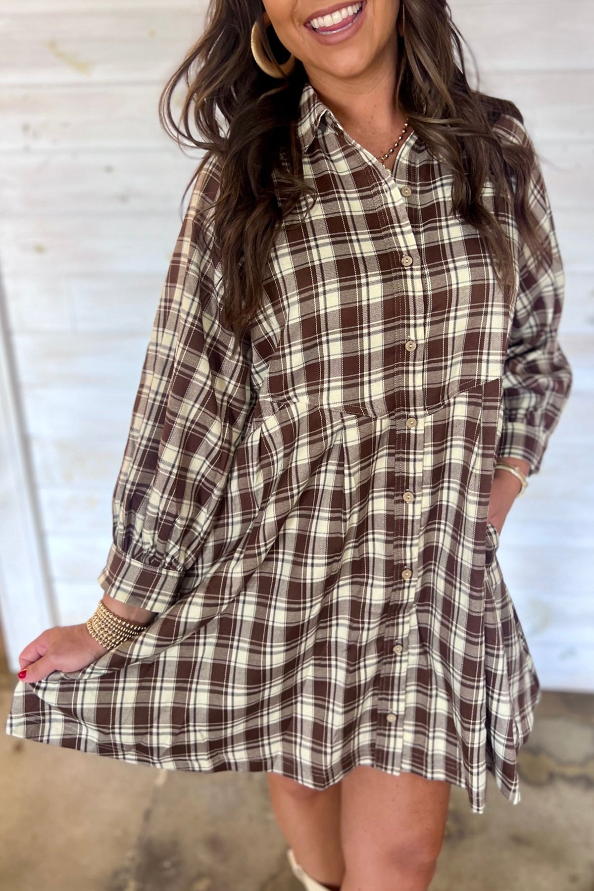 Brown Plaid (100% Cotton) Long Sleeve, Button Up Mini Dress