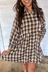 Brown Plaid (100% Cotton) Long Sleeve, Button Up Mini Dress