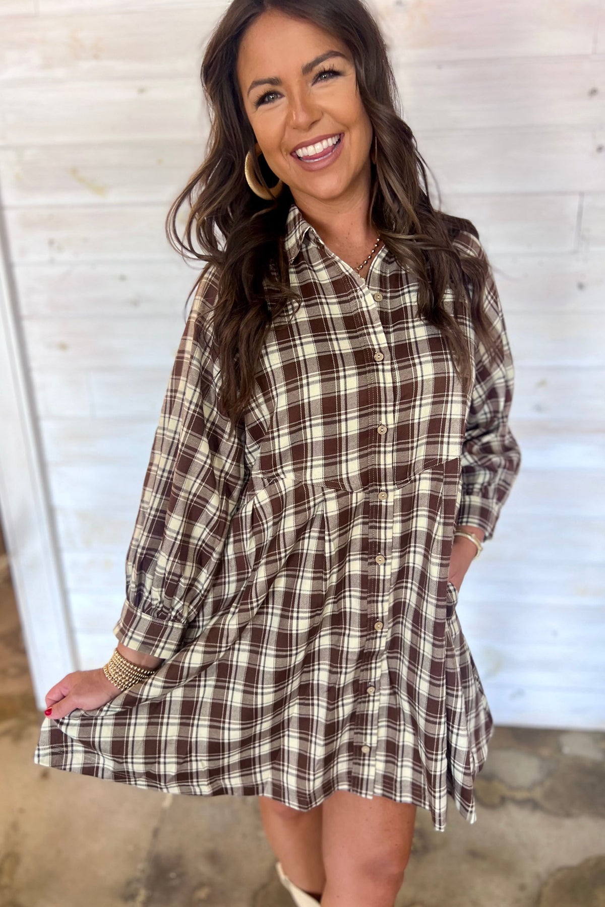 Brown Plaid (100% Cotton) Long Sleeve, Button Up Mini Dress