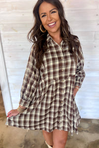 Brown Plaid (100% Cotton) Long Sleeve, Button Up Mini Dress