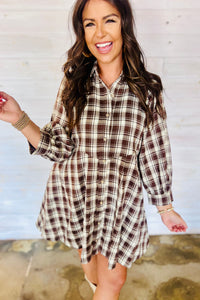 Brown Plaid (100% Cotton) Long Sleeve, Button Up Mini Dress
