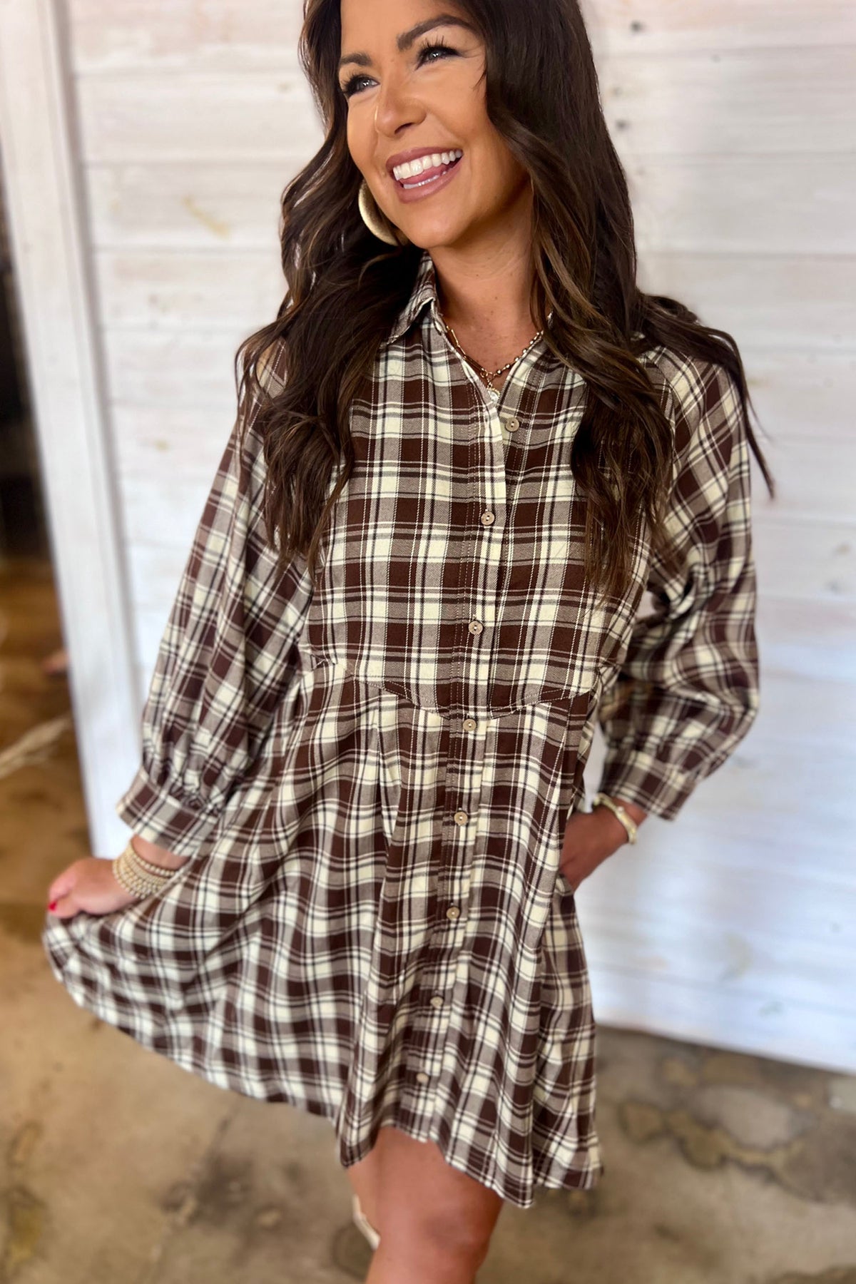 Brown Plaid (100% Cotton) Long Sleeve, Button Up Mini Dress
