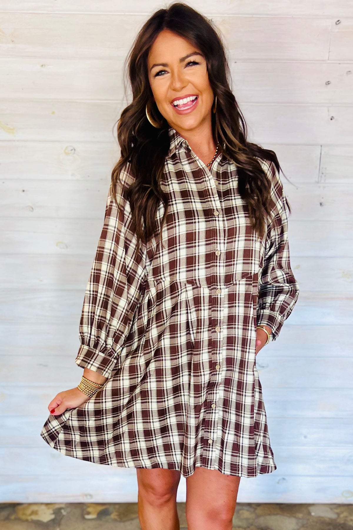 Brown Plaid (100% Cotton) Long Sleeve, Button Up Mini Dress