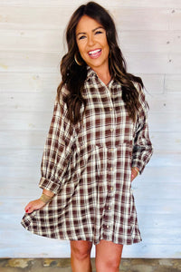 Brown Plaid (100% Cotton) Long Sleeve, Button Up Mini Dress