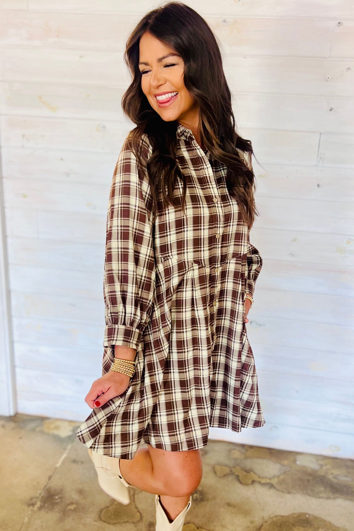 Brown Plaid (100% Cotton) Long Sleeve, Button Up Mini Dress