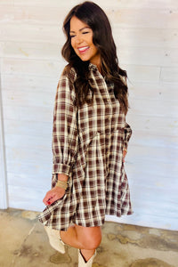 Brown Plaid (100% Cotton) Long Sleeve, Button Up Mini Dress