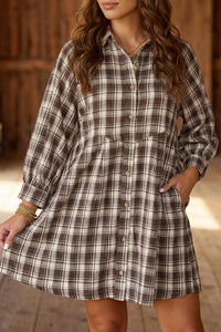 Brown Plaid (100% Cotton) Long Sleeve, Button Up Mini Dress