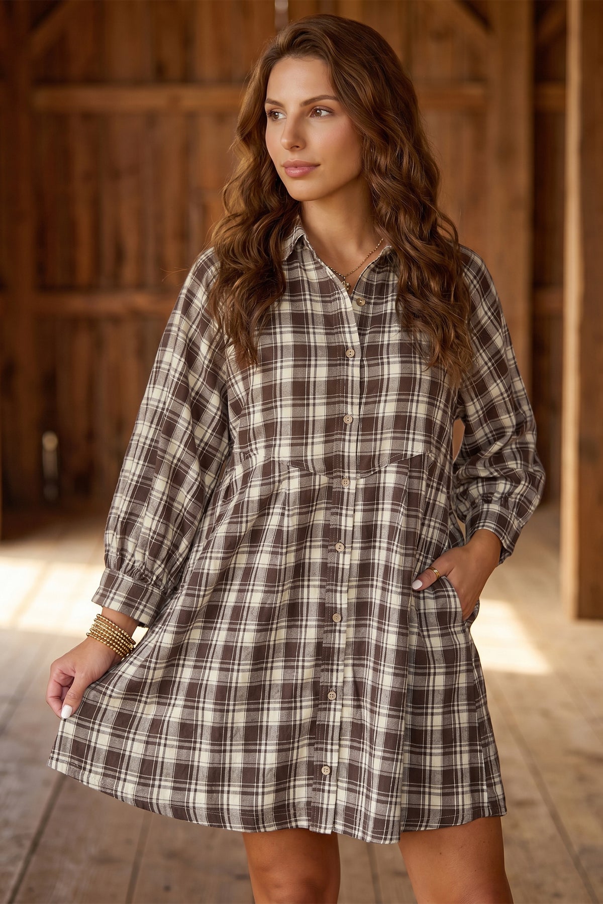 Brown Plaid (100% Cotton) Long Sleeve, Button Up Mini Dress